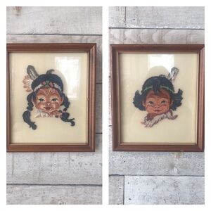 Professionally Framed Native American Children Petite point Needlework Set